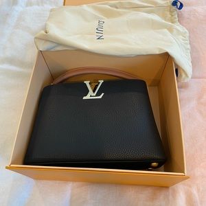 Copy LV Capucines BB in black, tan and white